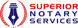 Red and blue logo text reading "Superior Notary Services" with a fountain pen icon